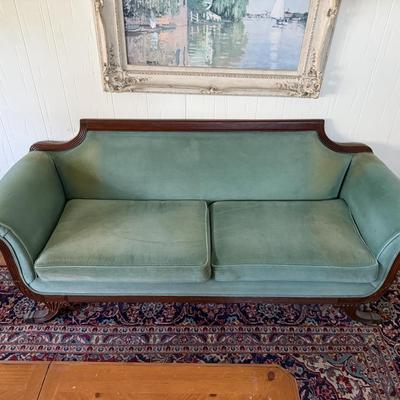 LOT 128L: Vintage Green Duncan Phyfe Style Sofa w/ Glass Top Coffee Table