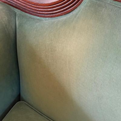 LOT 128L: Vintage Green Duncan Phyfe Style Sofa w/ Glass Top Coffee Table