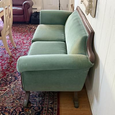 LOT 128L: Vintage Green Duncan Phyfe Style Sofa w/ Glass Top Coffee Table