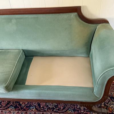 LOT 128L: Vintage Green Duncan Phyfe Style Sofa w/ Glass Top Coffee Table