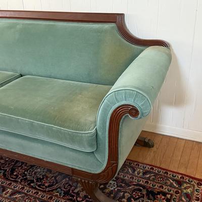 LOT 128L: Vintage Green Duncan Phyfe Style Sofa w/ Glass Top Coffee Table