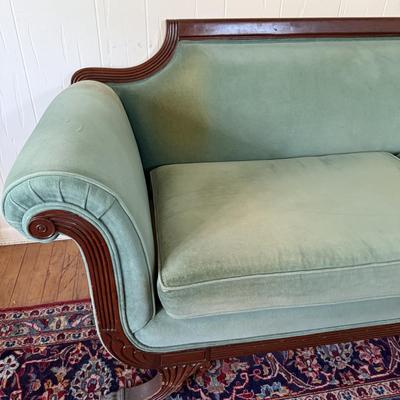 LOT 128L: Vintage Green Duncan Phyfe Style Sofa w/ Glass Top Coffee Table