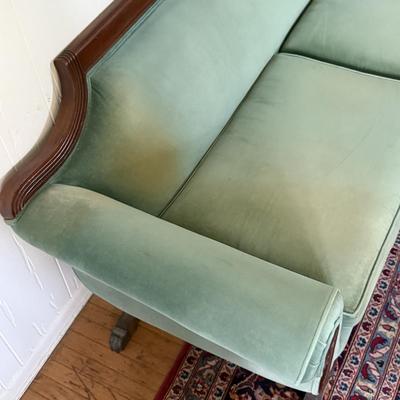 LOT 128L: Vintage Green Duncan Phyfe Style Sofa w/ Glass Top Coffee Table