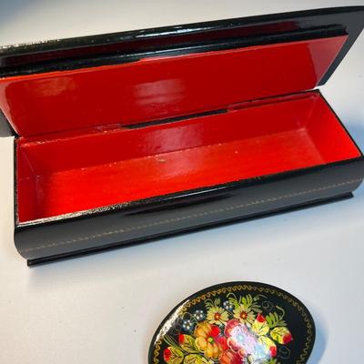 Russian lacquer trinket box and pin