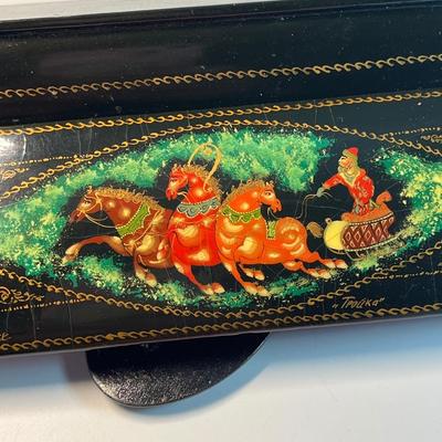 Russian lacquer trinket box and pin
