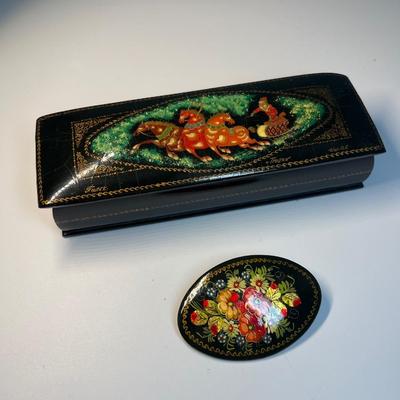 Russian lacquer trinket box and pin