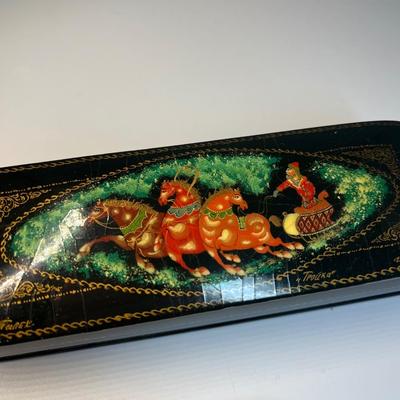 Russian lacquer trinket box and pin