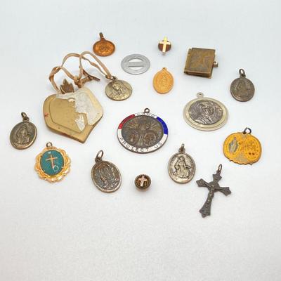 LOT 18: Large Collection of Religious Medals, Pins, Pendants and More
