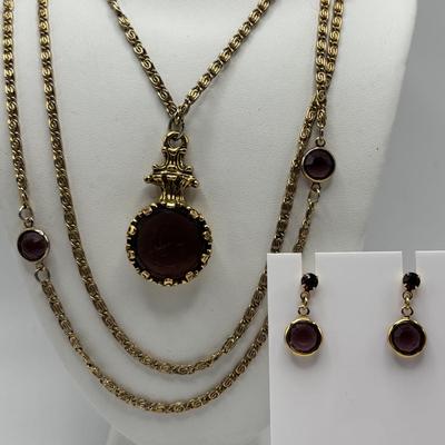LOT 82: Faux Amethyst Tri- Strand Necklace w/Cameo Pendant & Pierced Earrings