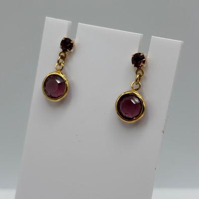 LOT 82: Faux Amethyst Tri- Strand Necklace w/Cameo Pendant & Pierced Earrings
