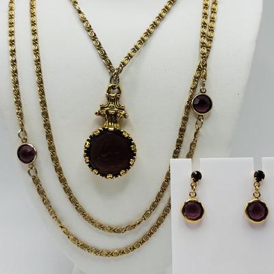LOT 82: Faux Amethyst Tri- Strand Necklace w/Cameo Pendant & Pierced Earrings