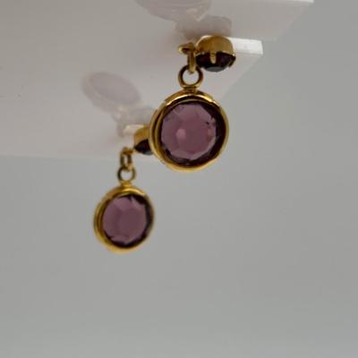 LOT 82: Faux Amethyst Tri- Strand Necklace w/Cameo Pendant & Pierced Earrings