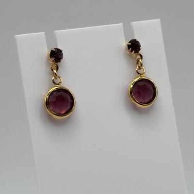 LOT 82: Faux Amethyst Tri- Strand Necklace w/Cameo Pendant & Pierced Earrings