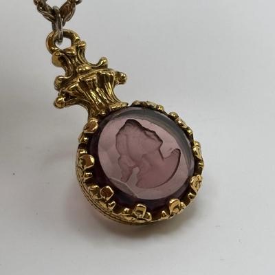 LOT 82: Faux Amethyst Tri- Strand Necklace w/Cameo Pendant & Pierced Earrings