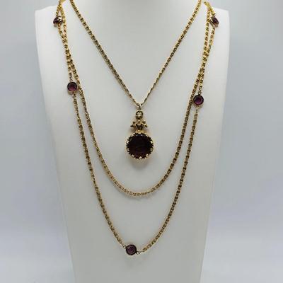 LOT 82: Faux Amethyst Tri- Strand Necklace w/Cameo Pendant & Pierced Earrings