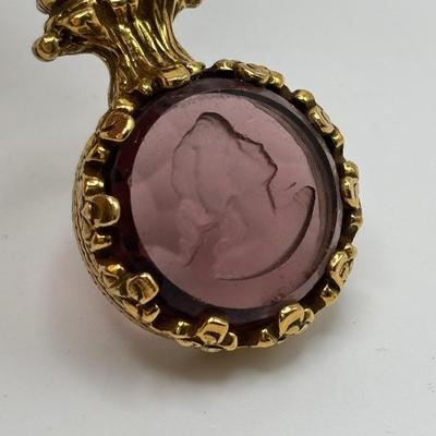 LOT 82: Faux Amethyst Tri- Strand Necklace w/Cameo Pendant & Pierced Earrings