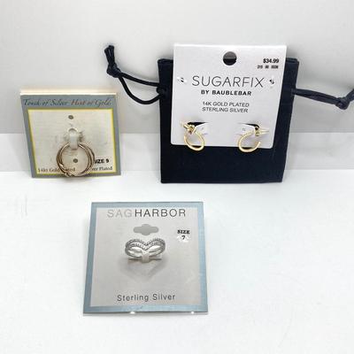 LOT 86: Sugarfix by Baublebar 14k Gold Plated / Sterling Silver Earrings, SAG Harbor Sterling Ring and Touch of Silver Hint of Gold Rings...
