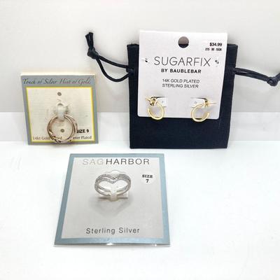 LOT 86: Sugarfix by Baublebar 14k Gold Plated / Sterling Silver Earrings, SAG Harbor Sterling Ring and Touch of Silver Hint of Gold Rings...