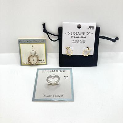 LOT 86: Sugarfix by Baublebar 14k Gold Plated / Sterling Silver Earrings, SAG Harbor Sterling Ring and Touch of Silver Hint of Gold Rings...