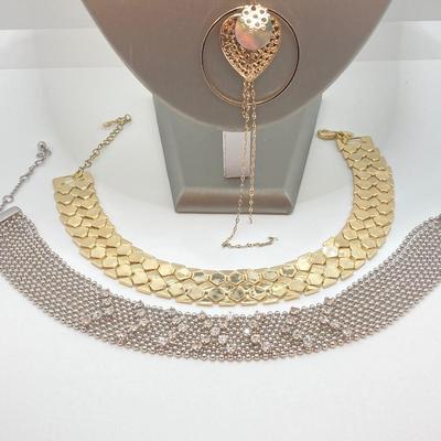 LOT 87: Vintage Express Rhinestone 15" Choker, Express Gold Tone 15" Choker and Multi-Strand Pendant Necklace 16"