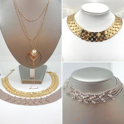 LOT 87: Vintage Express Rhinestone 15" Choker, Express Gold Tone 15" Choker and Multi-Strand Pendant Necklace 16"