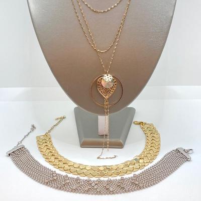 LOT 87: Vintage Express Rhinestone 15" Choker, Express Gold Tone 15" Choker and Multi-Strand Pendant Necklace 16"