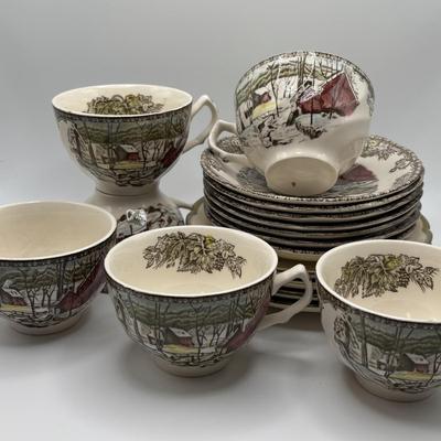 LOT 102: Vintage Johnson Bros., "The Friendly Village" Teacups (6) & Saucers (7), Franciscan "Poppy" Saucers (4)