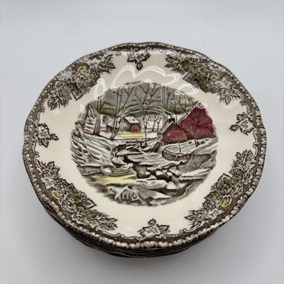 LOT 102: Vintage Johnson Bros., "The Friendly Village" Teacups (6) & Saucers (7), Franciscan "Poppy" Saucers (4)