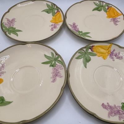 LOT 102: Vintage Johnson Bros., "The Friendly Village" Teacups (6) & Saucers (7), Franciscan "Poppy" Saucers (4)