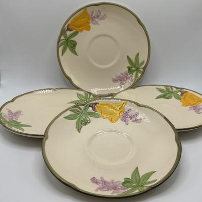 LOT 102: Vintage Johnson Bros., "The Friendly Village" Teacups (6) & Saucers (7), Franciscan "Poppy" Saucers (4)