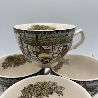 LOT 102: Vintage Johnson Bros., "The Friendly Village" Teacups (6) & Saucers (7), Franciscan "Poppy" Saucers (4)