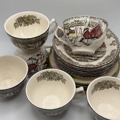 LOT 102: Vintage Johnson Bros., "The Friendly Village" Teacups (6) & Saucers (7), Franciscan "Poppy" Saucers (4)