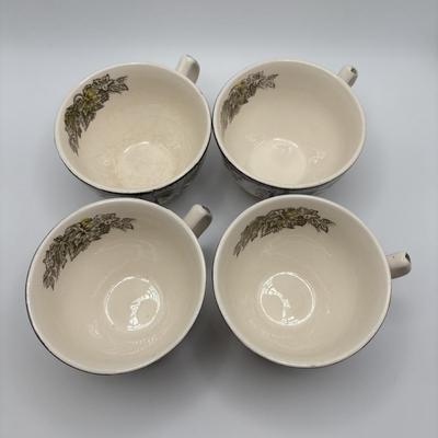 LOT 102: Vintage Johnson Bros., "The Friendly Village" Teacups (6) & Saucers (7), Franciscan "Poppy" Saucers (4)