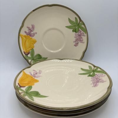 LOT 102: Vintage Johnson Bros., "The Friendly Village" Teacups (6) & Saucers (7), Franciscan "Poppy" Saucers (4)