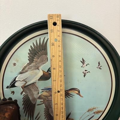 LOT 111: Wooden Duck Decoy Box, Mallards in Flight Avon Serving Tray and Leather Wrapped Vessel/Vase-Italy