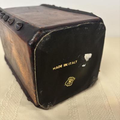 LOT 111: Wooden Duck Decoy Box, Mallards in Flight Avon Serving Tray and Leather Wrapped Vessel/Vase-Italy