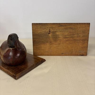 LOT 111: Wooden Duck Decoy Box, Mallards in Flight Avon Serving Tray and Leather Wrapped Vessel/Vase-Italy