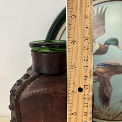 LOT 111: Wooden Duck Decoy Box, Mallards in Flight Avon Serving Tray and Leather Wrapped Vessel/Vase-Italy