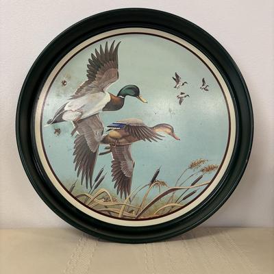 LOT 111: Wooden Duck Decoy Box, Mallards in Flight Avon Serving Tray and Leather Wrapped Vessel/Vase-Italy