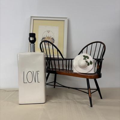 LOT 113: Rae Dunn Artisan Collection "Love" Lamp, Windsor Style Doll Gossip Bench, Signed & Dated Pressed Flower Wall Art...