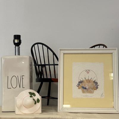 LOT 113: Rae Dunn Artisan Collection "Love" Lamp, Windsor Style Doll Gossip Bench, Signed & Dated Pressed Flower Wall Art...