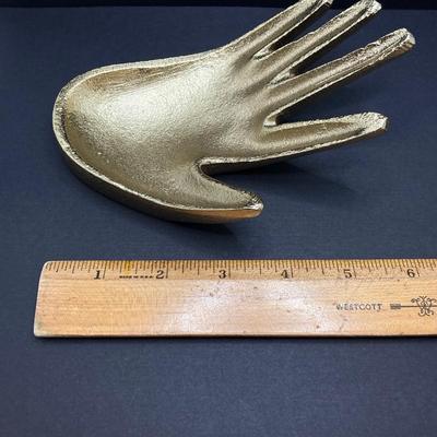 LOT 120: Gold Tone Hand Jewelry / Ring Holder with Collection of Earrings - Kenneth Cole, Baublebar and More