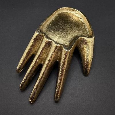 LOT 120: Gold Tone Hand Jewelry / Ring Holder with Collection of Earrings - Kenneth Cole, Baublebar and More