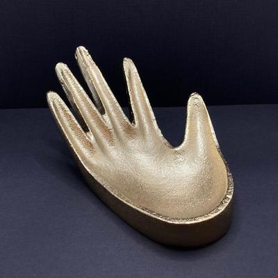 LOT 120: Gold Tone Hand Jewelry / Ring Holder with Collection of Earrings - Kenneth Cole, Baublebar and More