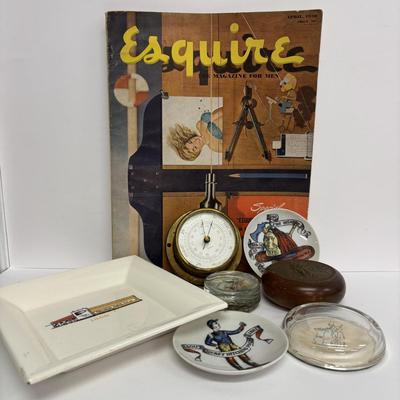 LOT 141: Vintage Marine Barometer, Boro of Riverton Zone Plan Map, Paper Weights, Ashtrays, & Esquire Magazine