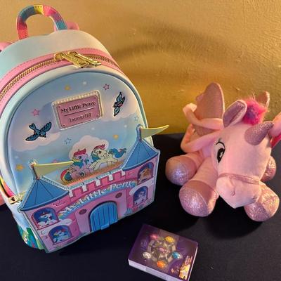LOUNGEFLY MY LITTLE PONY BACKPACK & RAINBOW UNICORN CARRIED AWAY BAGS LOT
