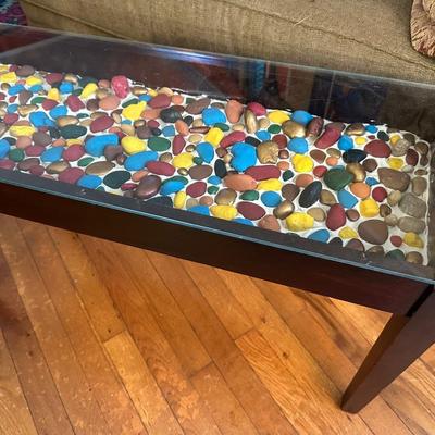 GLASS TOP ROCK ART BENCH TABLE
