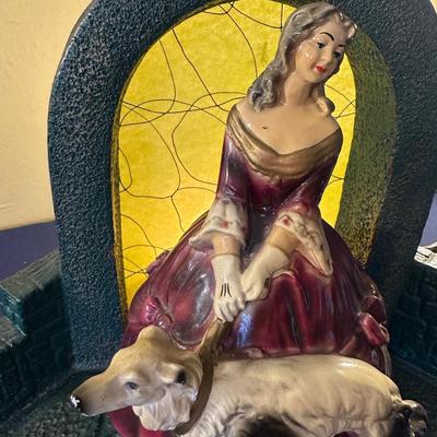 LM Fielack lady and dog chalkware tv lamp