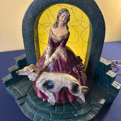 LM Fielack lady and dog chalkware tv lamp