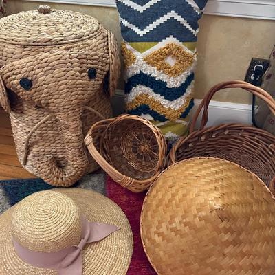 ELEPHANT HAMPER, PILLOW, BASKET, HAT LOT